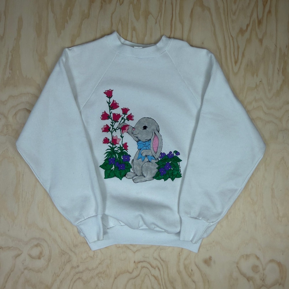 Vintage 1991 Betty Ann Nutmeg Rabbit Bunny Graphic Sweatshirt White XL USA Made